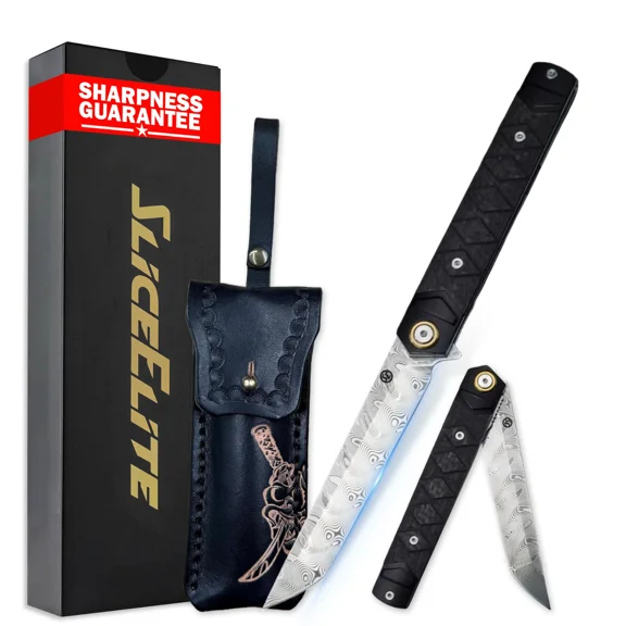 SliceElite Elite Series 7-Inch Damascus Bone Cutting Knife – VG10 Steel Blade with Forged Carbon Fiber Handle Infused with Gold Leaf, Sheaths Option (Bone Cutting Knife with Leather Sheath)