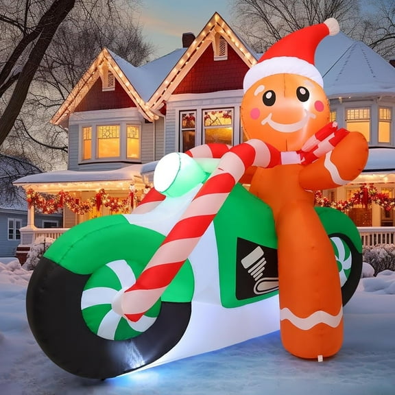 COMIN 6ft Christmas Inflatables Outdoor Decorations, Blow Up Gingerbread Man On A Motorbike Inflatable with Built-in LEDs for Christmas Indoor Outdoor Yard Lawn Garden Decorations