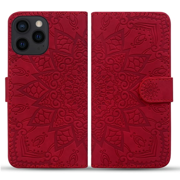 Feishell Flip Wallet Case for iPhone 16 with Wrist Strap,Shockproof Embossed Pattern PU Leather Magnetic Clasp Folio Protective Phone Cover with Kickstand & Card Slots,Red