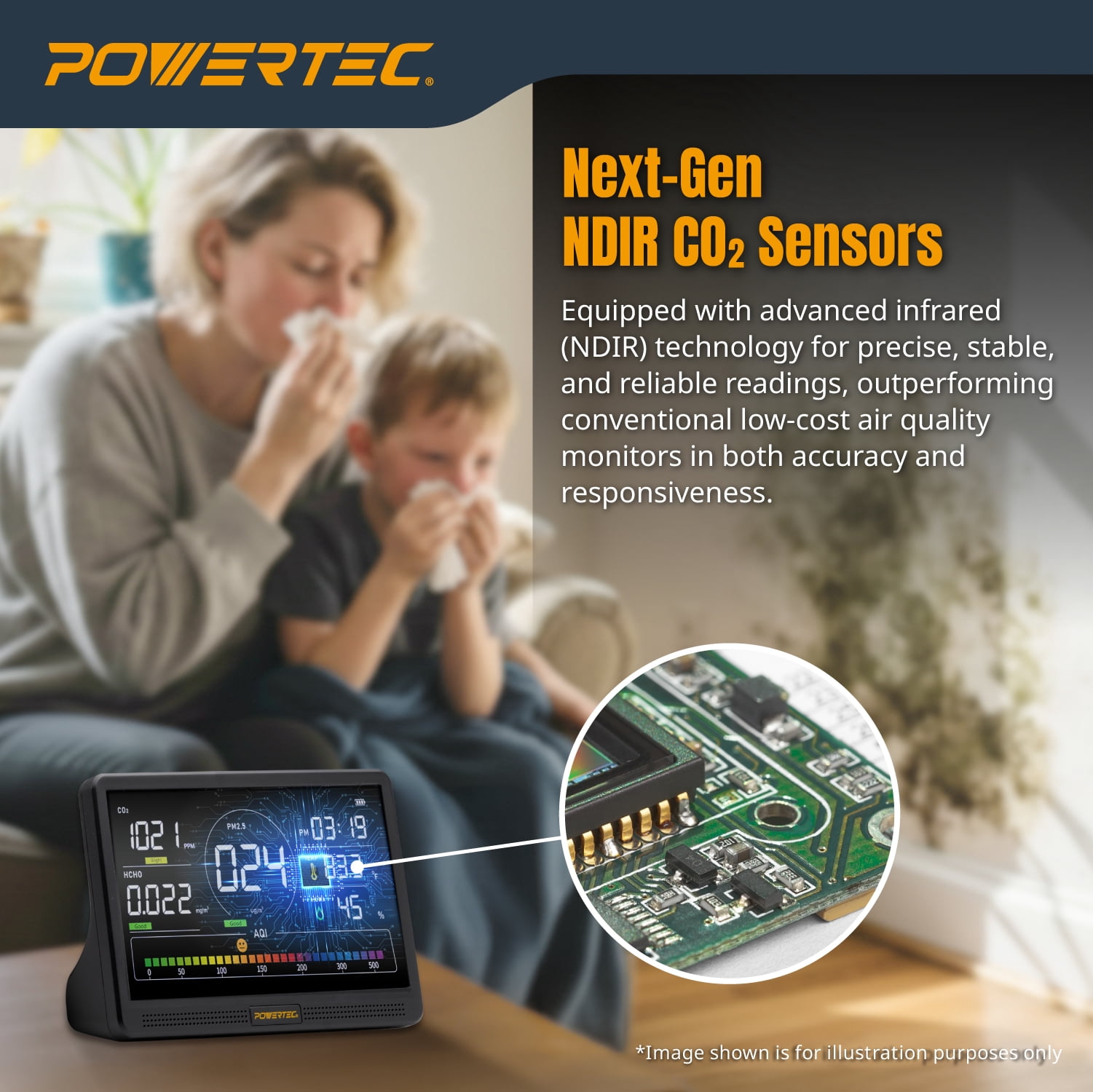 POWERTEC Air Quality Monitor with 7” LCD Display – Multi-Sensor CO₂, PM2.5, PM10, HCHO, TVOC Detector, NDIR Sensors, Rechargeable Indoor/Workshop Air Monitor, AD1001