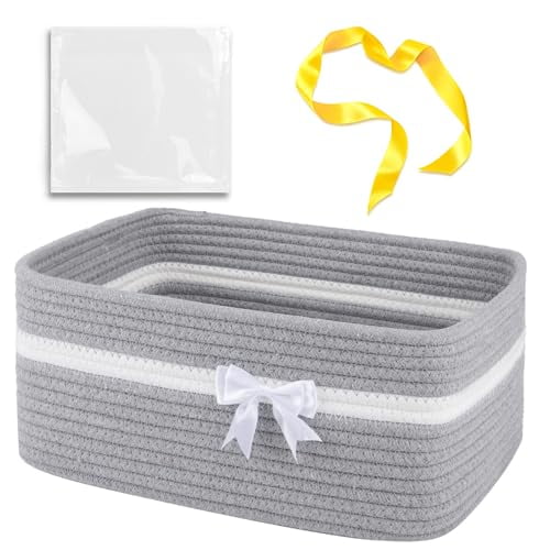 Large Woven Storage Basket with Handles for Nursery Living Room Shelves, Bow Basket for Gifts Empty with Gift Bags and Ribbons for Baby Showers Pet Toy Bin - Grey