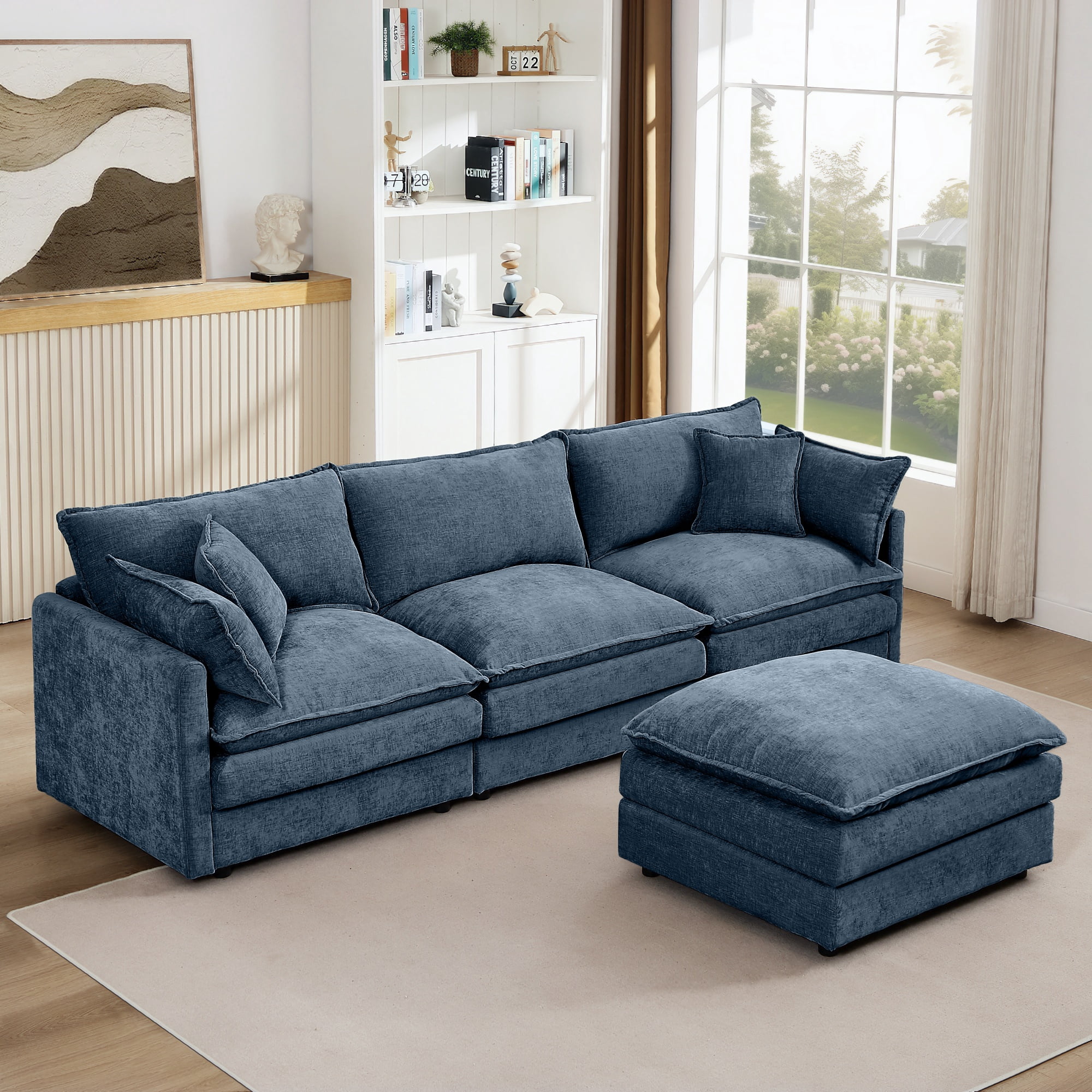 BINBANK Sectional Modular Sofa L Shaped Chenille Fabric Couch with High Supportive & Soft Sponges and Removable Ottoman, Sleeper Comfy Upholstered Furniture for Living Room,3-Seater,Blue