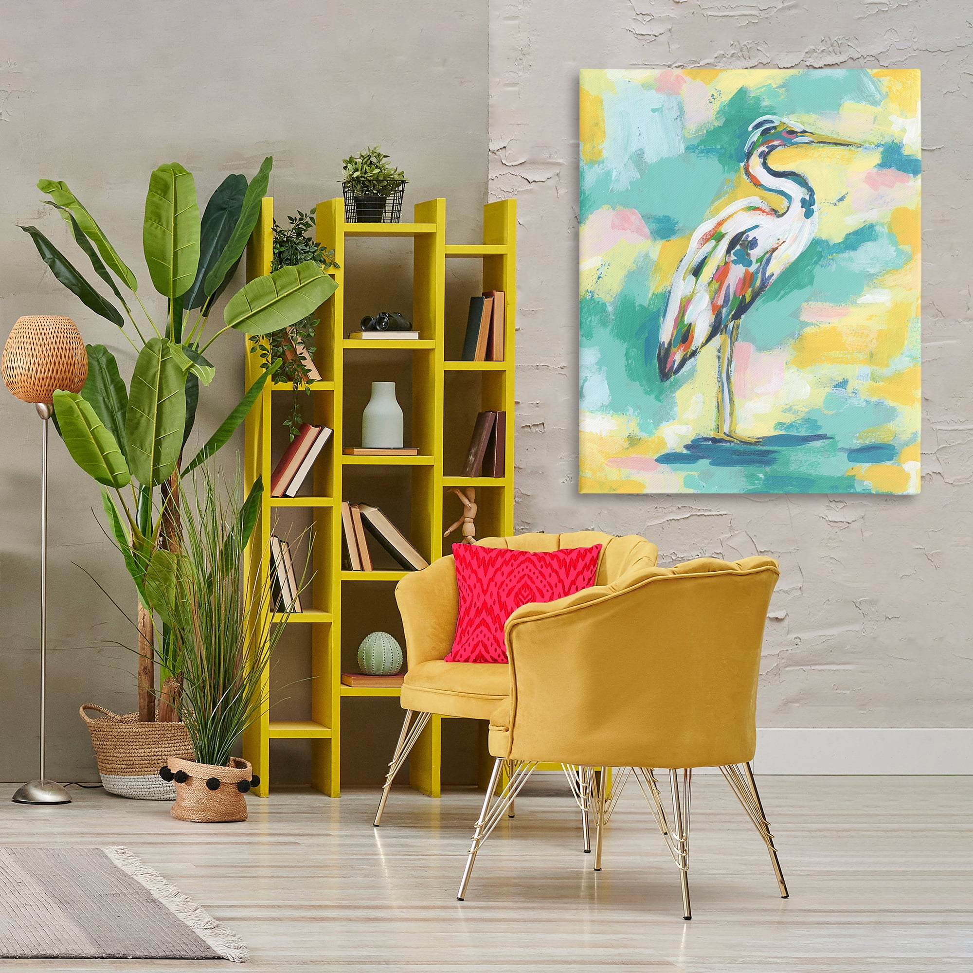 Stupell Industries Blue & Yellow Heron Bird Animals Painting Wrapped Canvas Art Print Wall Art, 36 x 48