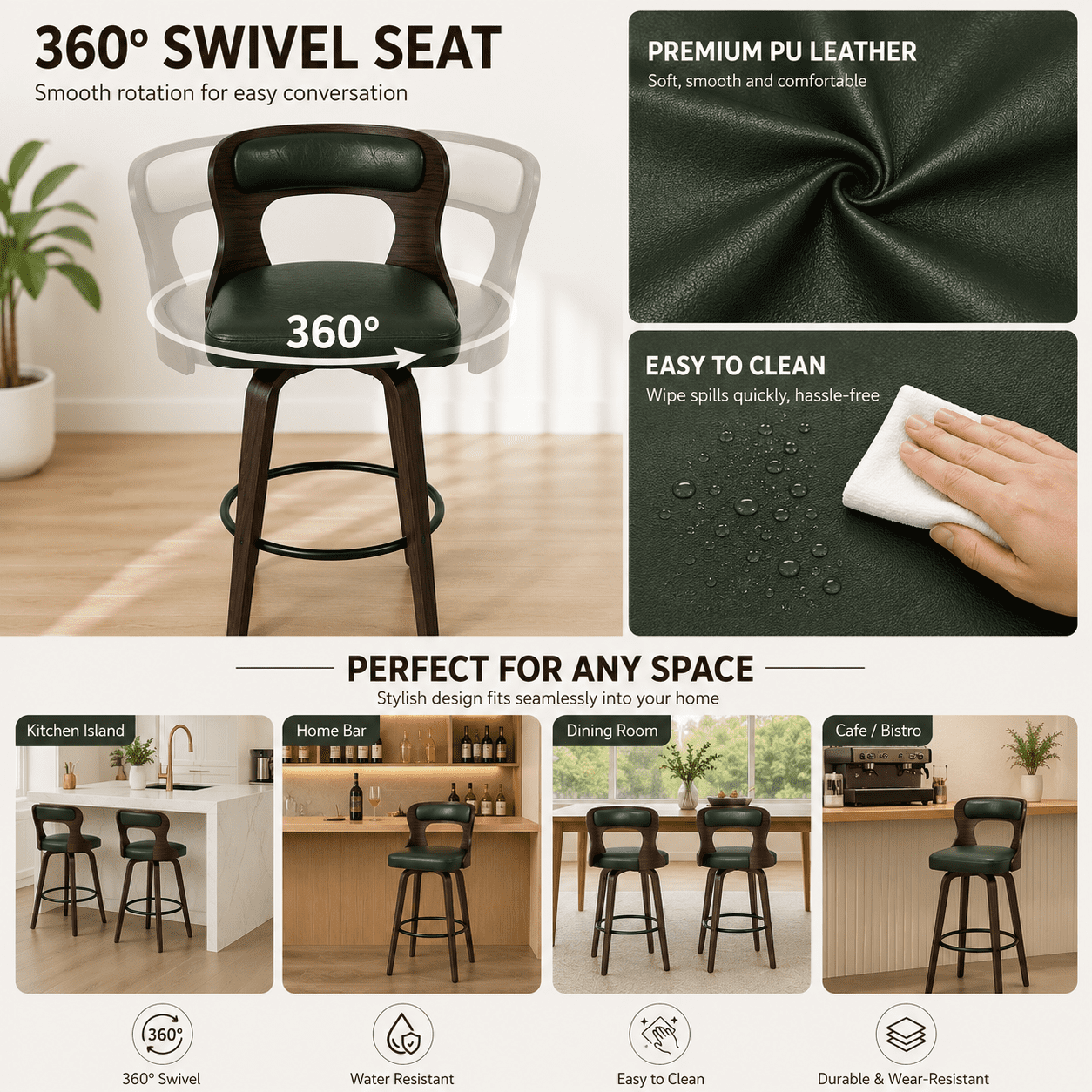 MOONMISS Bar Stools Set of 2, 29" Swivel Counter Height with Bentwood Legs and Back,Mid Century Modern Faux Leather Upholstered Counter Stools,Emerald