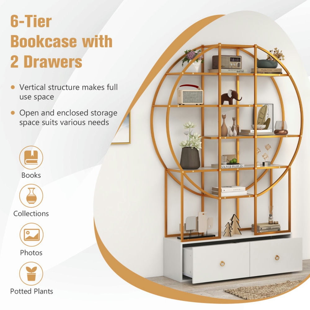 Demi Bonn 6-Tier Metal Bookshelf with 2 Storage Drawers, 71" Free Standing Bookcase, White