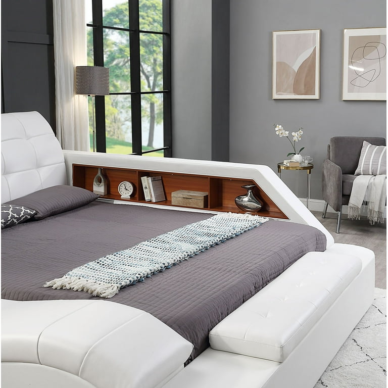 Queen Size Upholstered Storage Bed Frame with LED Lights and Adjustable Leather Headboard with Massage Recliner Bluetooth Speaker Walmart