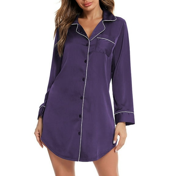 Fiaer,Button down Nightgowns for Women,Womens Plus Size Long Sleeve V Neck Sleepwear Dress,Women's Casual Trendy Loose Fit Pajamas with Pocket Purple XL