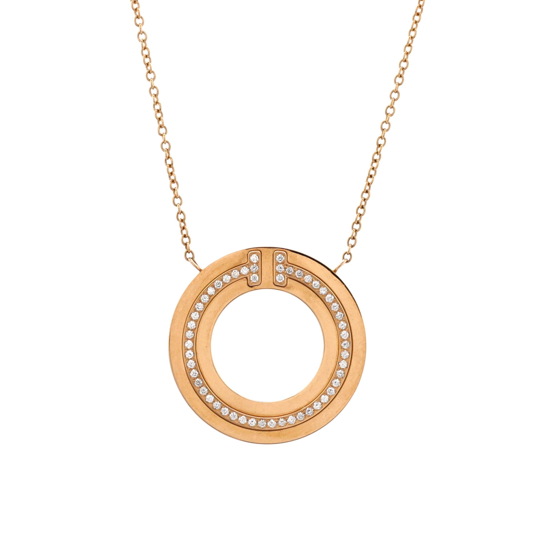 Pre-Owned Tiffany & Co. T Circle Pendant Necklace 18K Rose Gold with Diamonds Small By Rebag