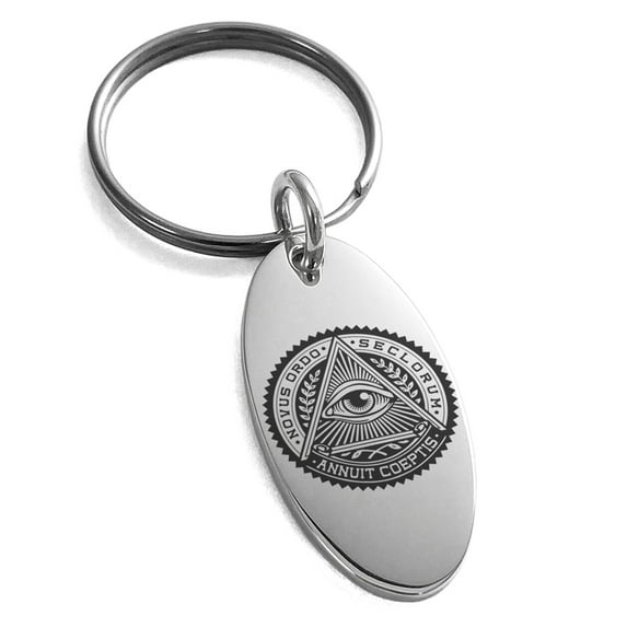 Stainless Steel All Seeing Eye Novus Ordo Seclorum Engraved Small Oval Charm Keychain Keyring