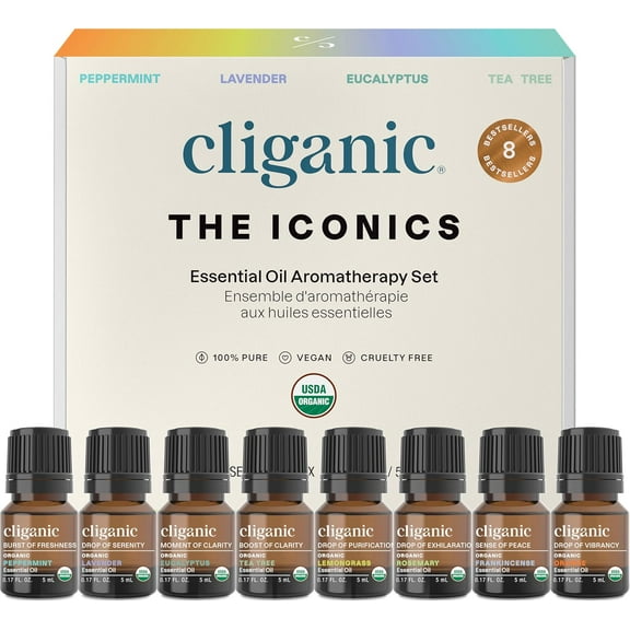 Cliganic Organic Aromatherapy Set - Top 8 Essential Oils - 8x0.17oz