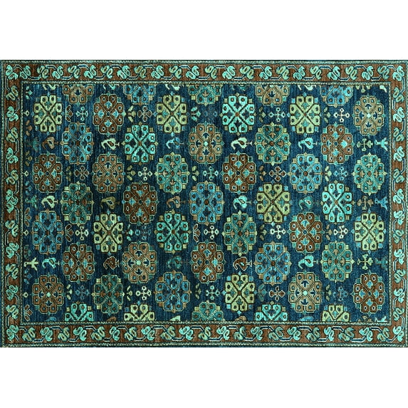 Ahgly Company Machine Washable Indoor Rectangle Oriental Turquoise Blue Industrial Area Rugs, 7' x 10'