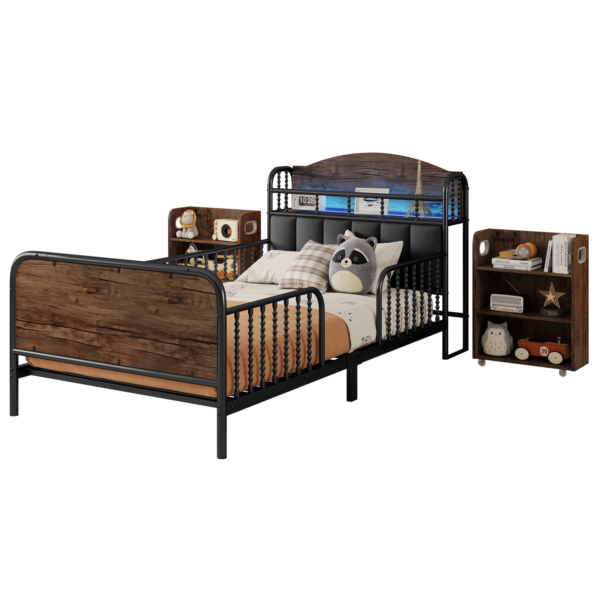 Euroco Metal Twin Size Platform Bed with Upholstered Headboard, Pull out Storage Shelves and LED Light, Black