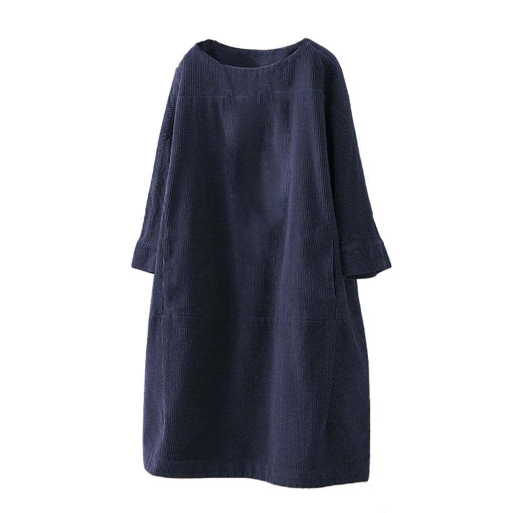 Prolriy Robe à Manches Longues pour Femmes Vintage Poches Velours Côtelé Couleur Unie Manches Longues Robe Décontractée Ample Robes Femmes Marine TTTTG