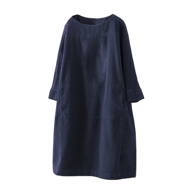 Prolriy Robe à Manches Longues pour Femmes Vintage Poches Velours Côtelé Couleur Unie Manches Longues Robe Décontractée Ample Robes Femmes Marine TTTTG