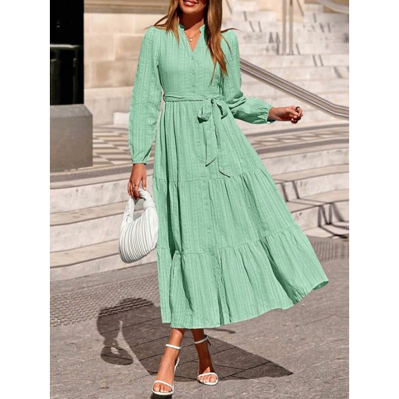 Light Green Womens Casual Long Sleeve V-Neck Button Down Flowy A-Line Tiered Maxi Shirt Dress With Pockets