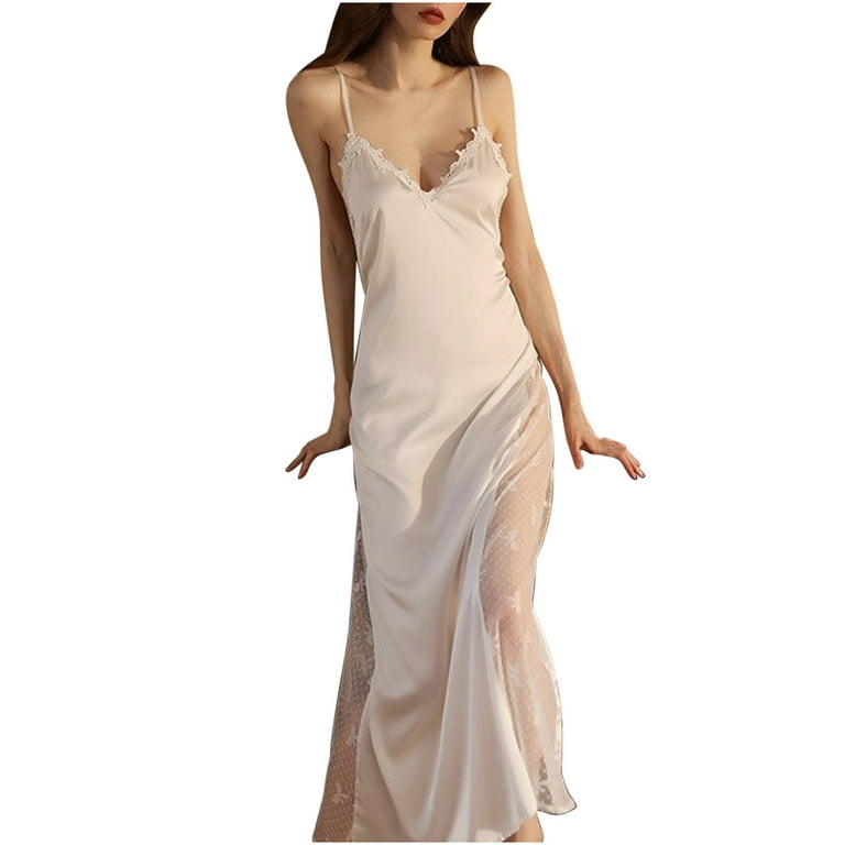 VONCOS Womens Sleepwear- Padded Bra Silk Nightgown Soft Sleepshirt Lace  Backless White Size L 