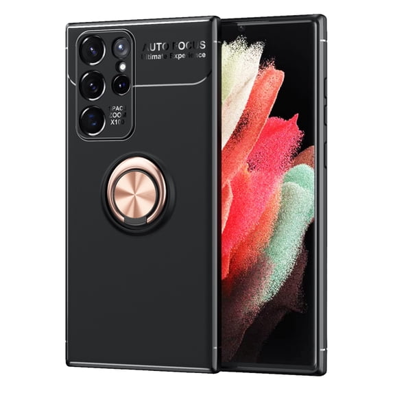 for Samsung Galaxy S22 Ultra Case with Ring Holder Kickstand [Support Magnetic Car Holder] Heat Dissipation Soft TPU Shockproof Frosted Back Protective Case for Galaxy S22 Ultra, Black/Rosegold