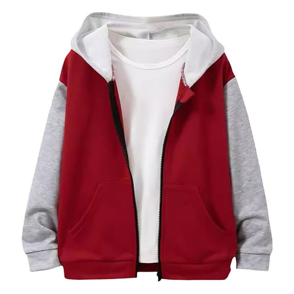 Boys Jacket Red Child Boys' Autumn Winter Long Sleeved Color Block Hooded Zipper Coat Top Clothes 7-8 Years