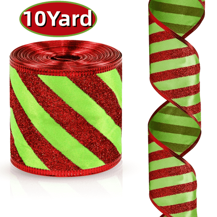 Kabuer Christmas Wired Ribbon -2.5 inch Green with Red Glitter Stripe Ribbon for Christmas Tree Decoration DIY Bows Wreath 10 Yard