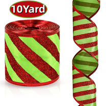 Kabuer Christmas Wired Ribbon -2.5 inch Green with Red Glitter Stripe Ribbon for Christmas Tree Decoration DIY Bows Wreath 10 Yard