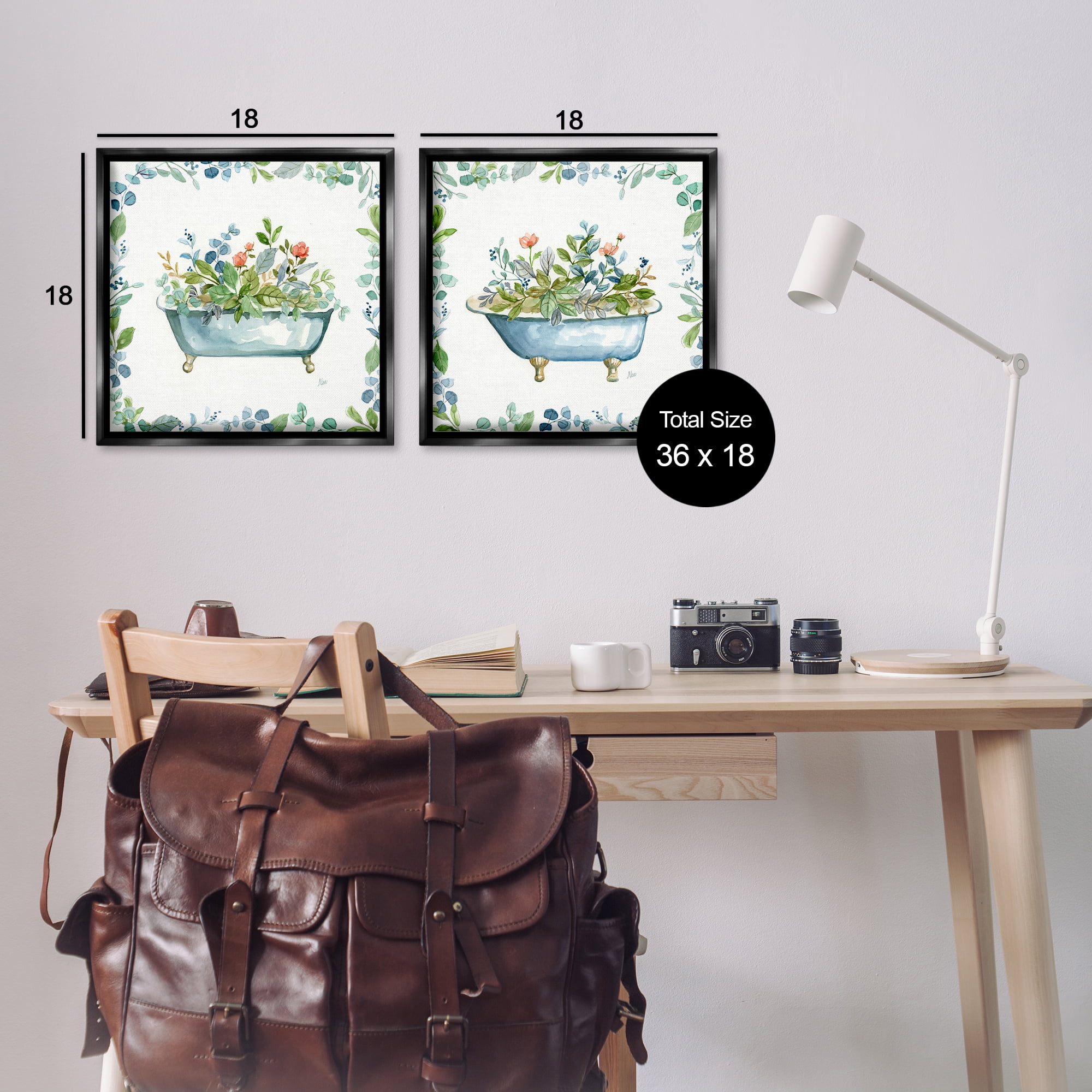 Stupell Industries Charming Flower Filled Tub Bath & Laundry Painting Black Floater Framed Canvas Art Print Wall Art, 18 x 18, Set of 2