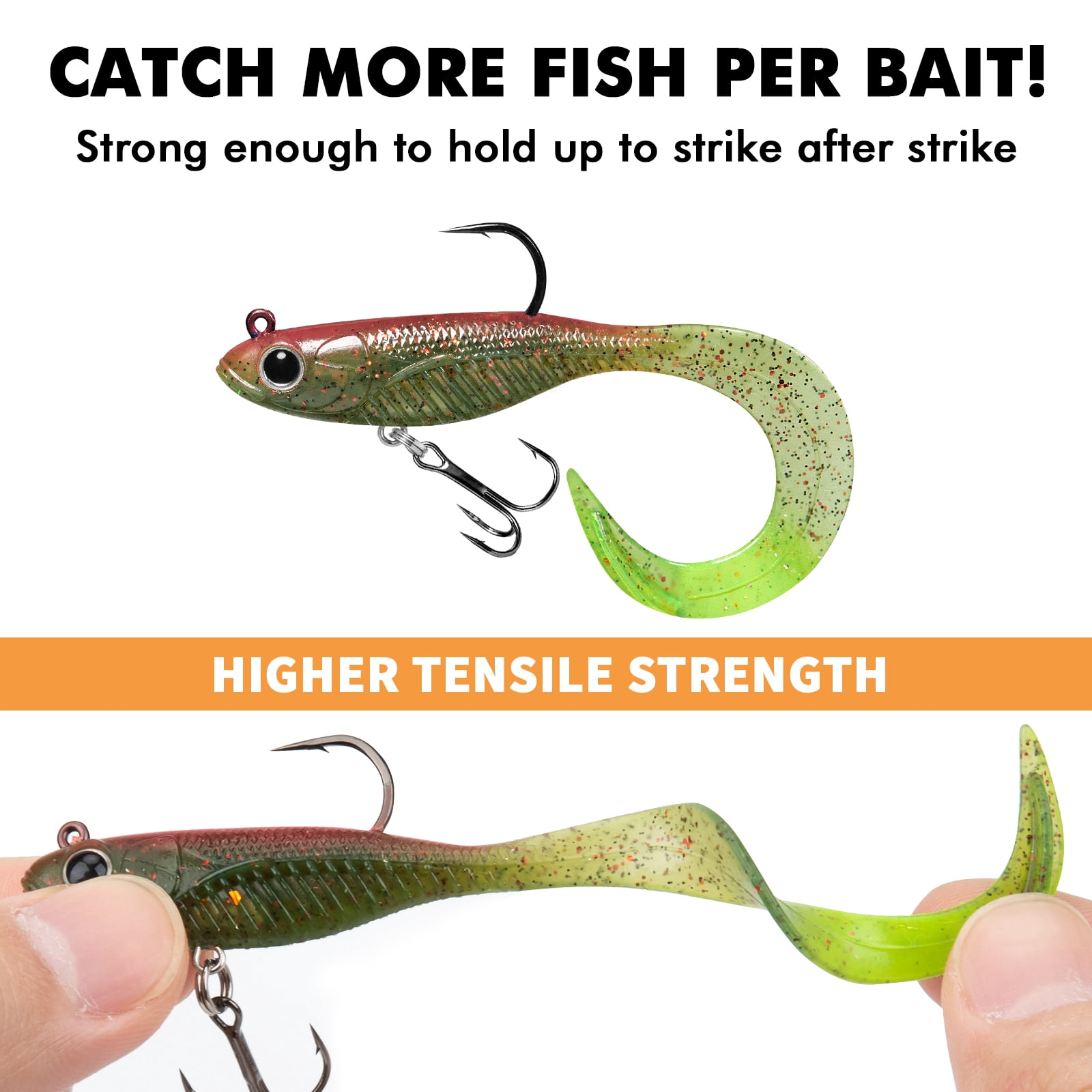 TRUSCEND Duramax Soft Fishing Lures with BKK Hooks, Easy Catch Curly & T-Tail for Trembly Sinking & Vibrating Swim, UV or Glow Effect for All Conditions, Pre-rigged Swimbait for Bass Trout Crappie