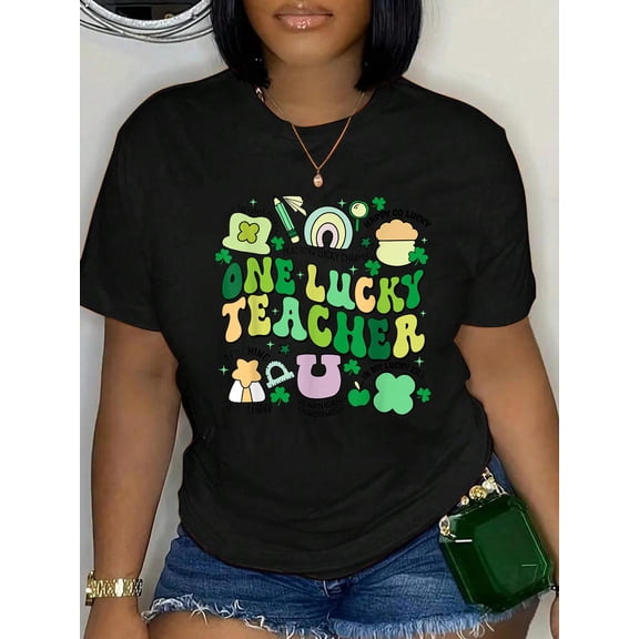 100% Cotton One Lucky Teacher St. Patrick's Day Irish Teacher Lucky Era T-Shirt Print Round Neck Cotton T-Shirt, Summer Women's Tops, gift