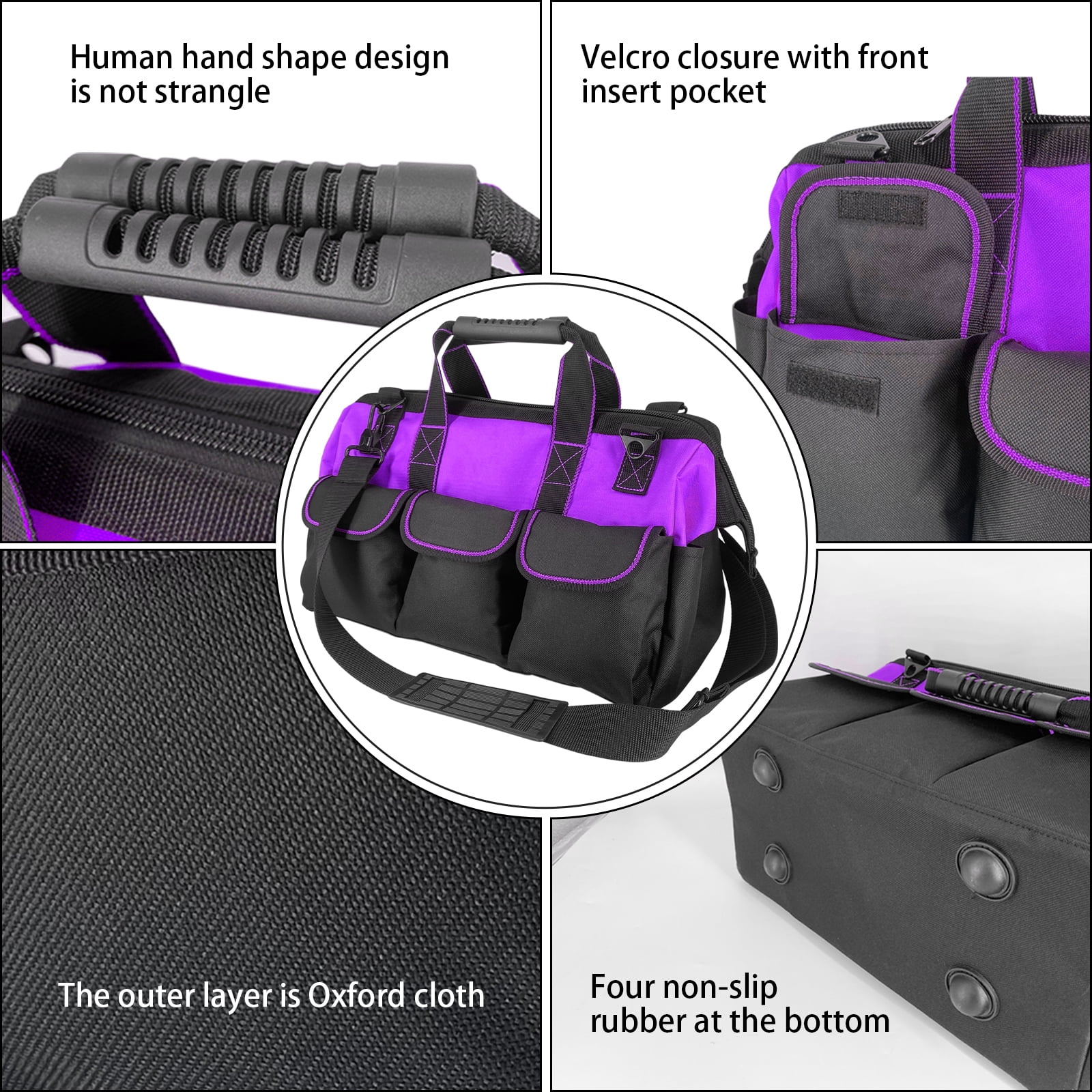 Yongzhenlite Garden Tools Bag 16inch Wide Mouth Tool Tote with Molded Base and Multi-Pockets for Men Heavy Duty,600D polyester fabric (Purple color)