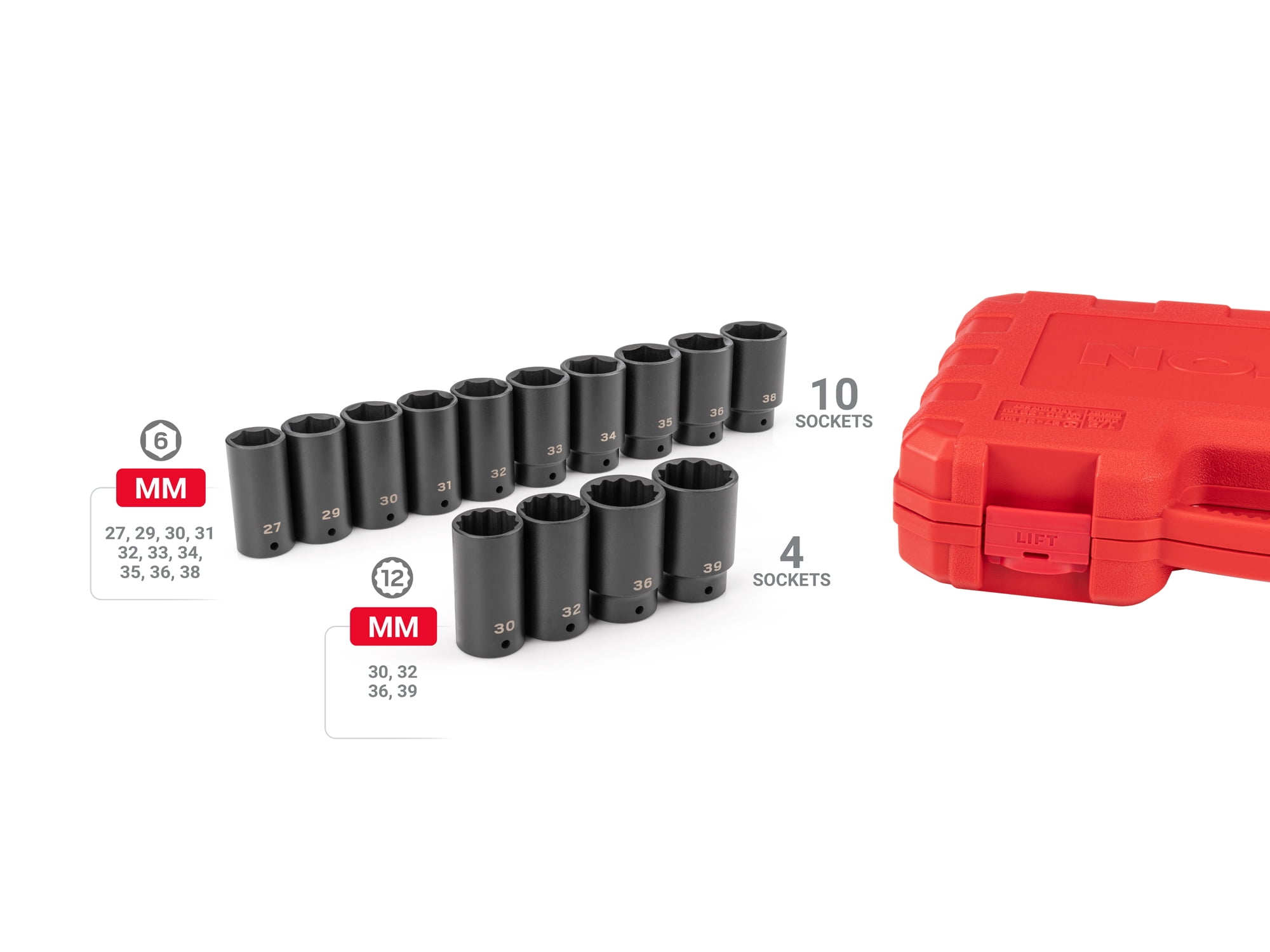 TEKTON 1/2 Inch Drive Deep 6-Point and 12-Point Axle Nut Impact Socket Set with Case, 14-Piece (27 - 39 mm) | SID92341