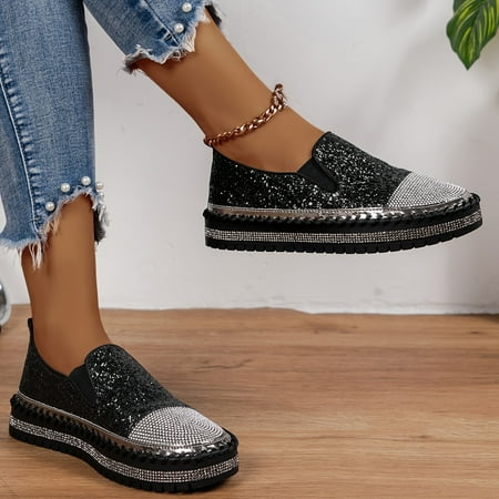 

TUOBKE Women‘s Rhinestone and Sequin Loafers - Comfortable Slip On Flat Shoes for Carnival and Music Festival