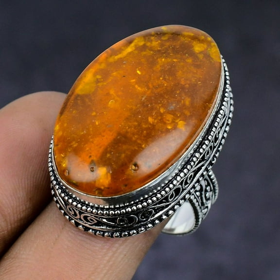 Natural Baltic Amber Gemstone 925 Sterling Silver Jewelry Ring Size 8.5