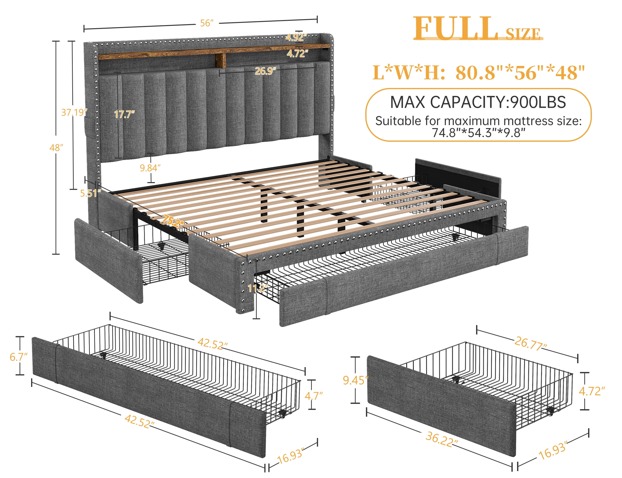 EnHomee Upholstered Full Size Bed Frame with Headboard and Storage, Sturdy Full Bed Frame with 3 Drawers, No Noise, Grey