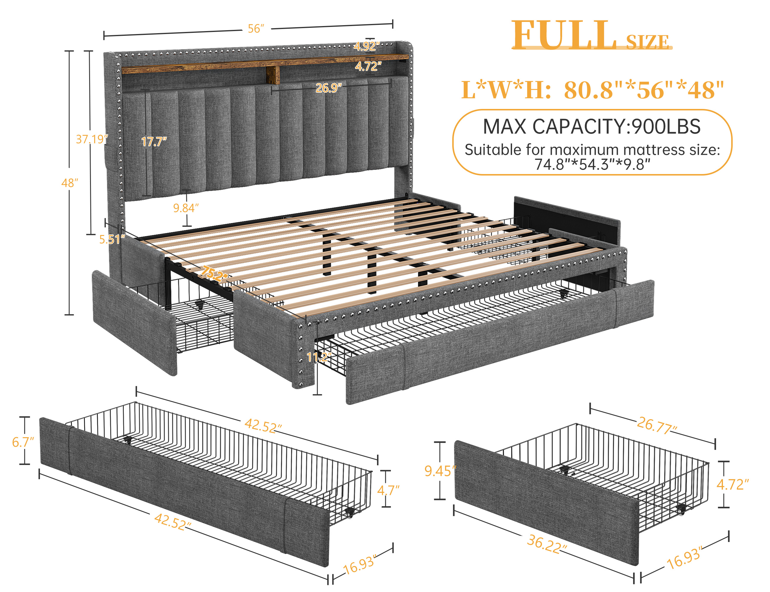 EnHomee Full Platform Bed with Headboard & 3 Drawers, Gray photo 2