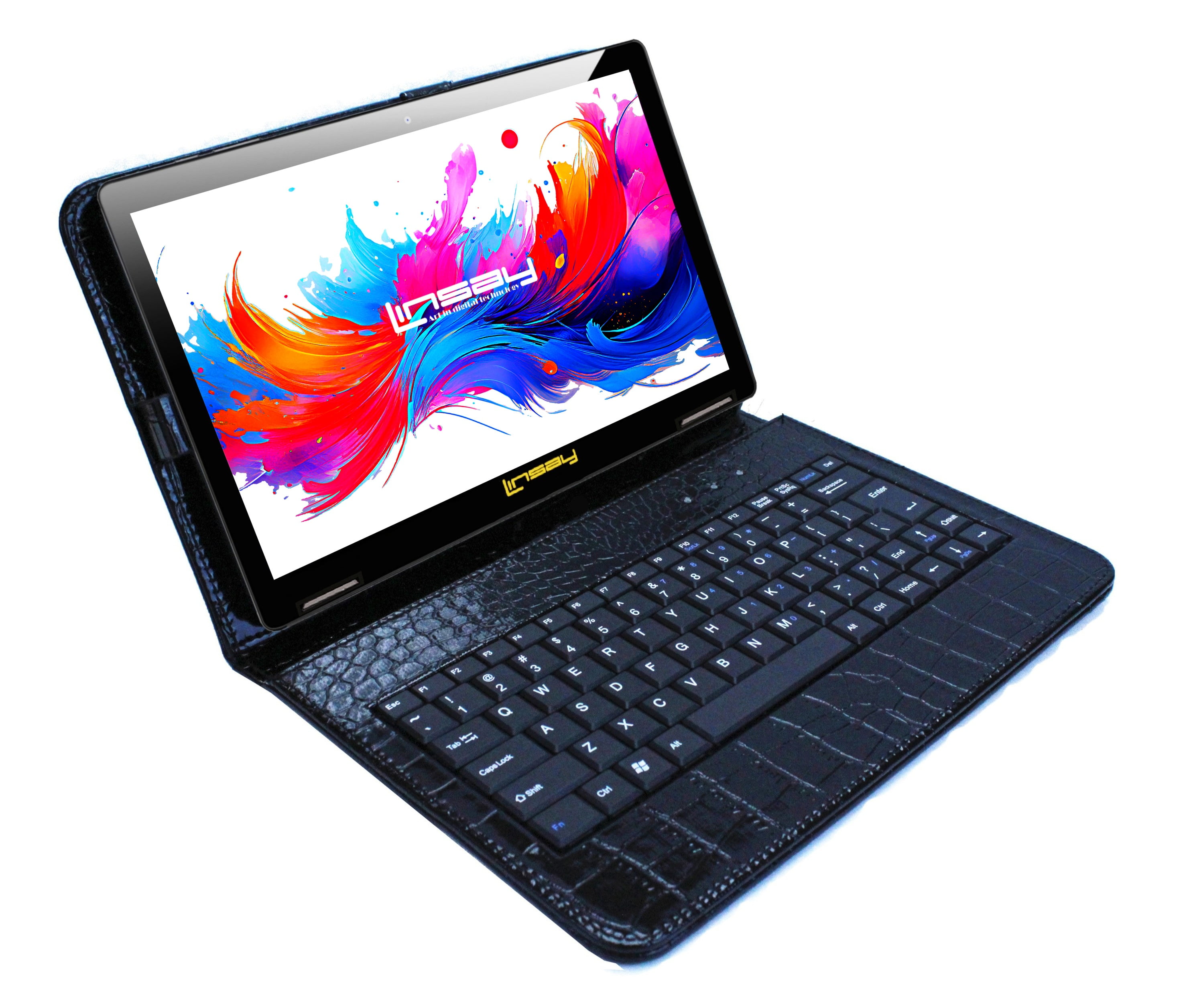 LINSAY 10.1" Octa Core 256GB Storage Android 15 Tablet with Black Crocodile Keyboard
