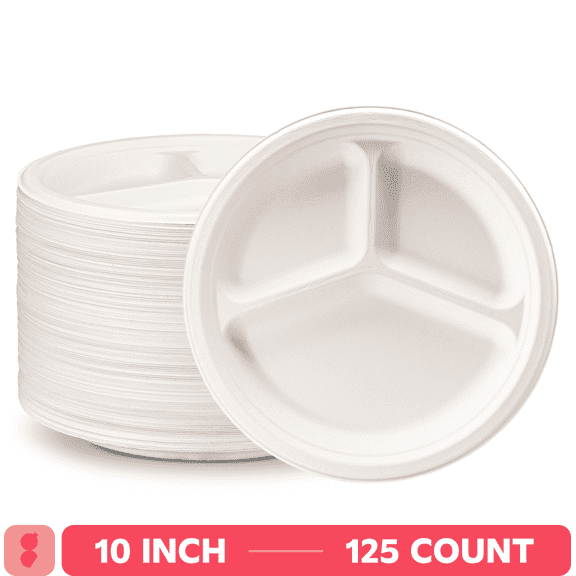 GUSTO 10 Inch 100% Compostable 3-Compartment White Paper Plates, Eco-Friendly Heavy Duty Disposable Dinnerware, 125 Count