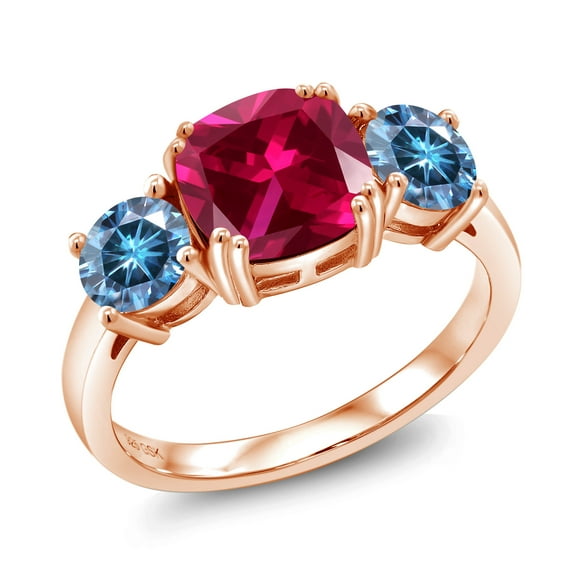 Gem Stone King 18K Rose Gold Plated Silver Red Created Ruby and Persian Blue Moissanite 3 Stone Engagement Ring for Women (3.50 Cttw, Gemstone July Birthstone, Cushion 8MM, Size 6)