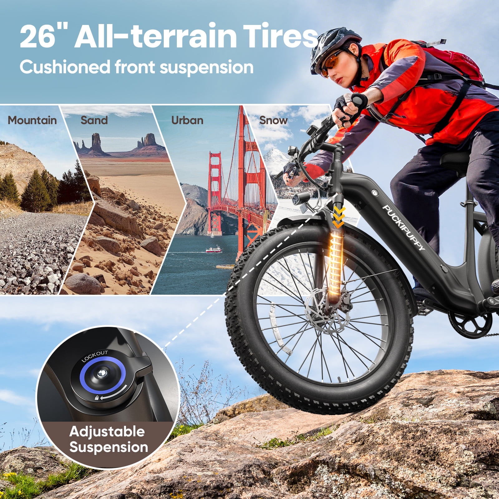PUCKIPUPPY 26" Electric Bikes for Adults 28 mph Step Through E-Bikes 960W Peak 60Mile Max Range 48V 15AH Battery Fat Tire off Road Mountain E Bike Front Suspension (Black), Comply with UL2849 by SGS