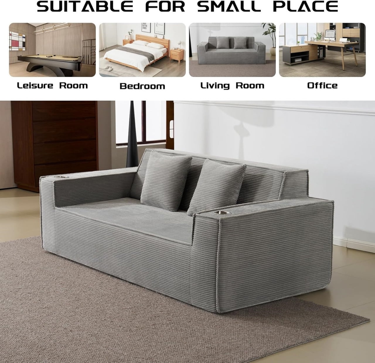 75'' Modern Boneless Loveseat Sofa Couch with 2 Cup Holders & 2 Pillows for Living Room, Corduroy Love Seat Couches with Deep Seat