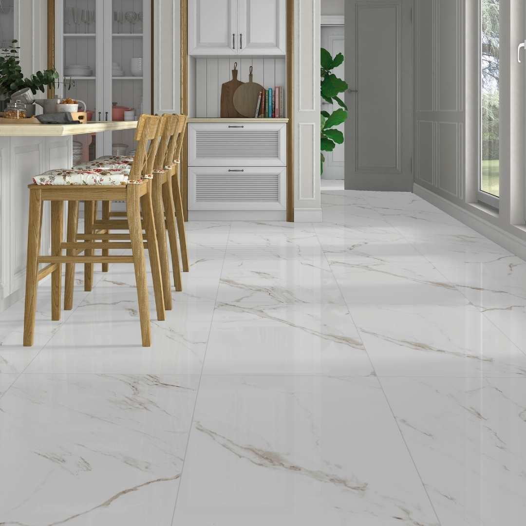 The Tile Life Cheyenne White Glossy Marble-Look Porcelain Floor & Wall Tile, 12 x 24 in, 8-Piece