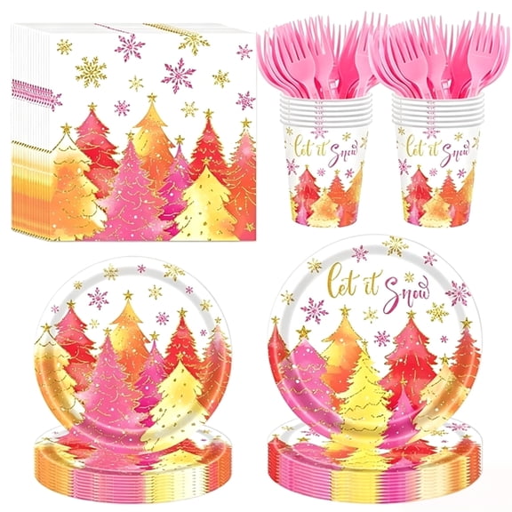 Christmas Party Tableware Set, Christmas Tree & Snowman Disposable Plates Napkins Cups Cutlery Serves 20 Guests