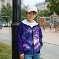 thumbnail image 3 of FKELYI Purple Starry Wolf Print Kids Hoodies Zip Up Front Cosy Sweatshirt Boys Girls Jacket with Pockets Fleece Hooded Top Streetwear for School Home, S, 3 of 6
