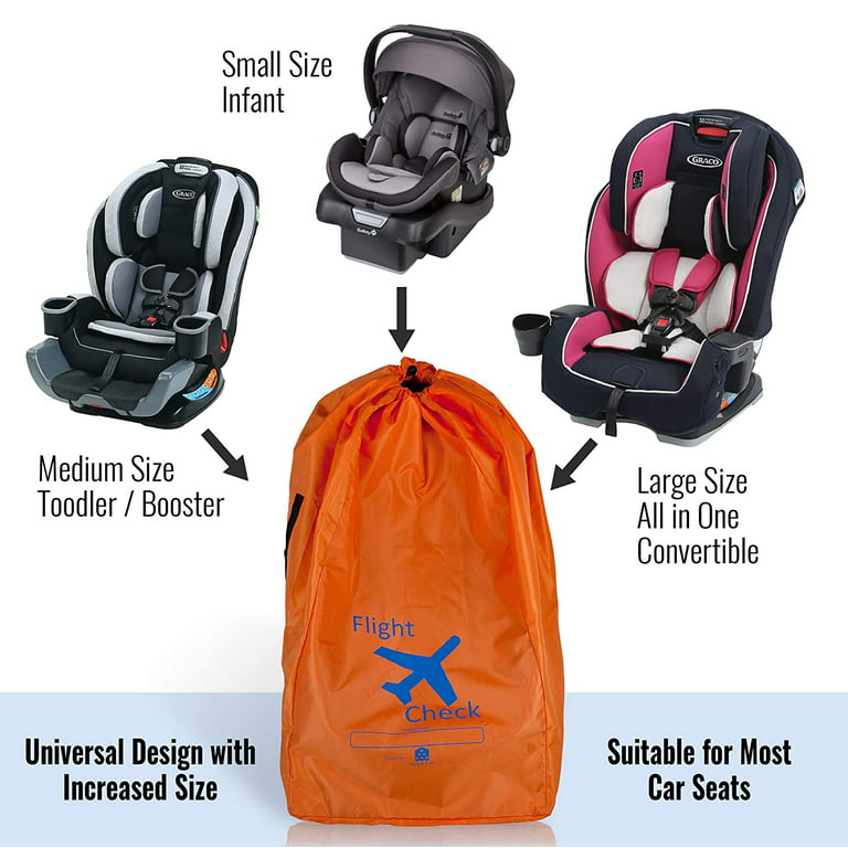 Alnoor USA Car Seat Travel Bag and Carrier for Gate Check with Travel Pouch - Bright Orange with Blue Letters for Airport, Airplane Gate