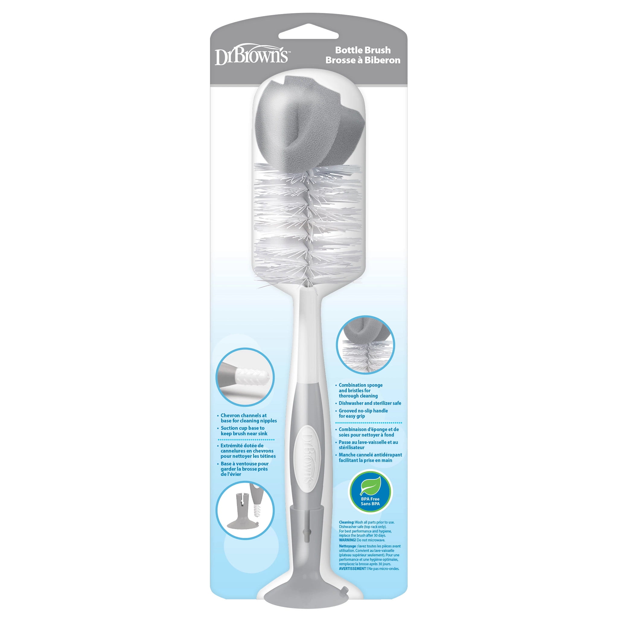 Dr. Brown's Baby Bottle Brush with Suction Cup Stand, Sponge, Scrubber and Nipple Cleaner Gray, 1 Pack