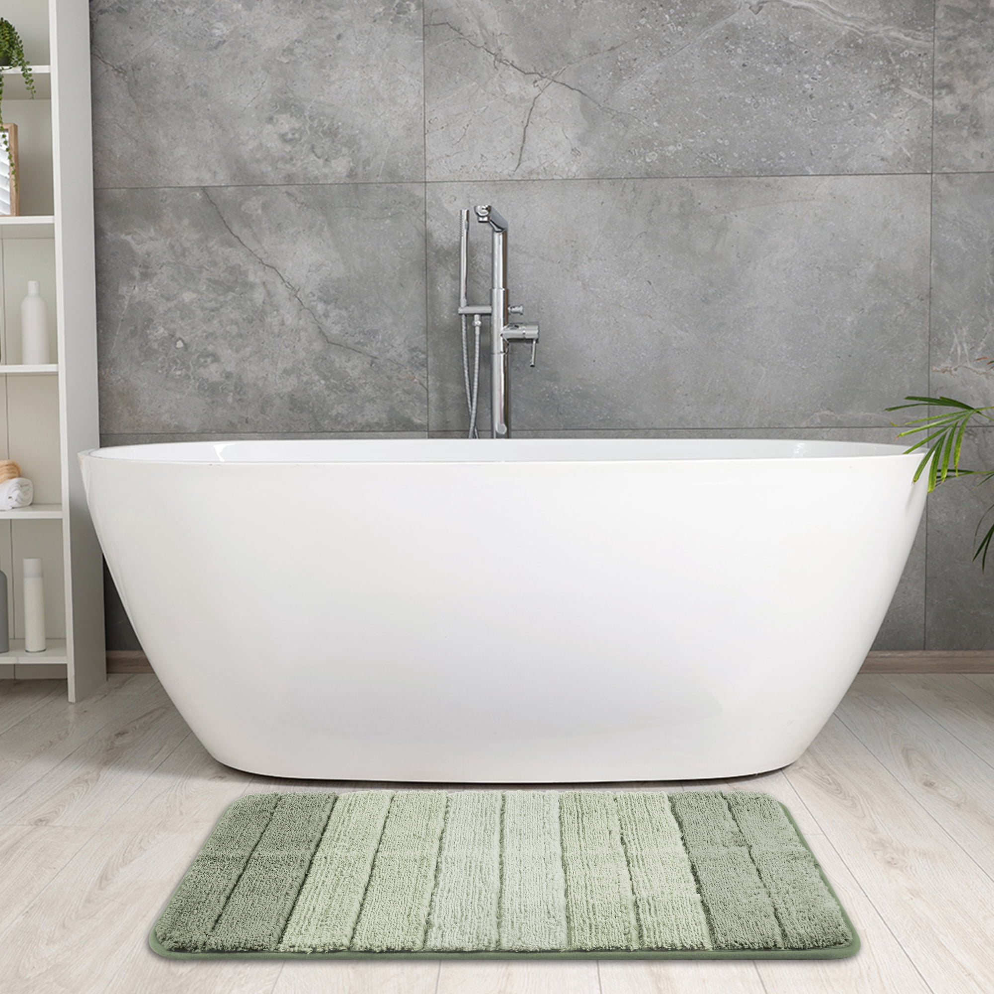 Unique Bargains Plush Gradient Striped Bath Rugs Microfiber Shaggy Mat with TPR Backing Green 20" x 32"