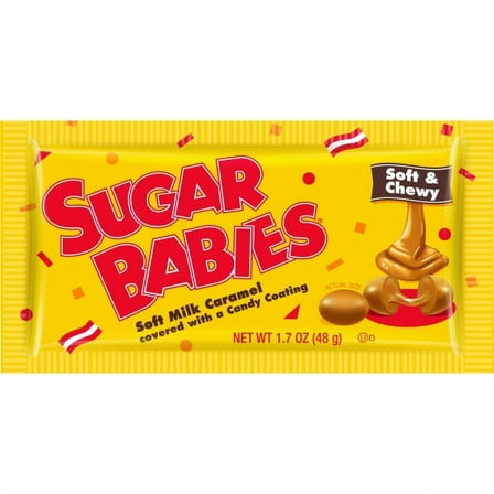 Charms Sugar Babies 1.7 oz Pouch. Soft & Chewy Candy-Coated Milk Caramel. Peanut Free and Gluten Free. Egg May Be Present.