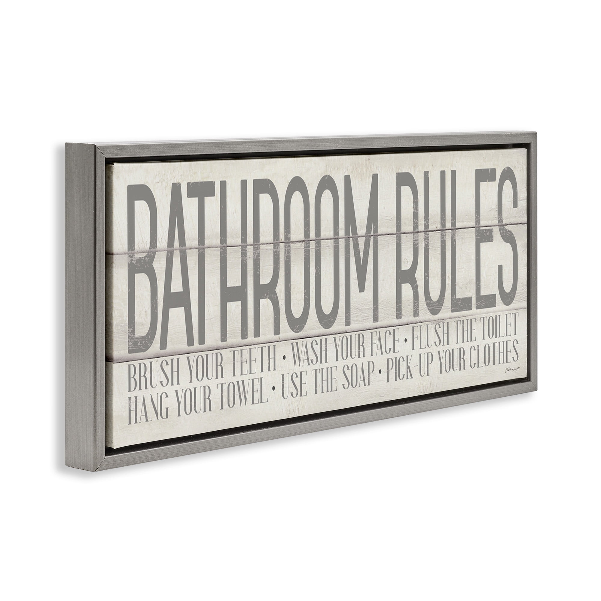 Stupell Industries Planked Style Bathroom Rules Abstract Painting Gray Floater Framed Canvas Art Print Wall Art, 25 x 11
