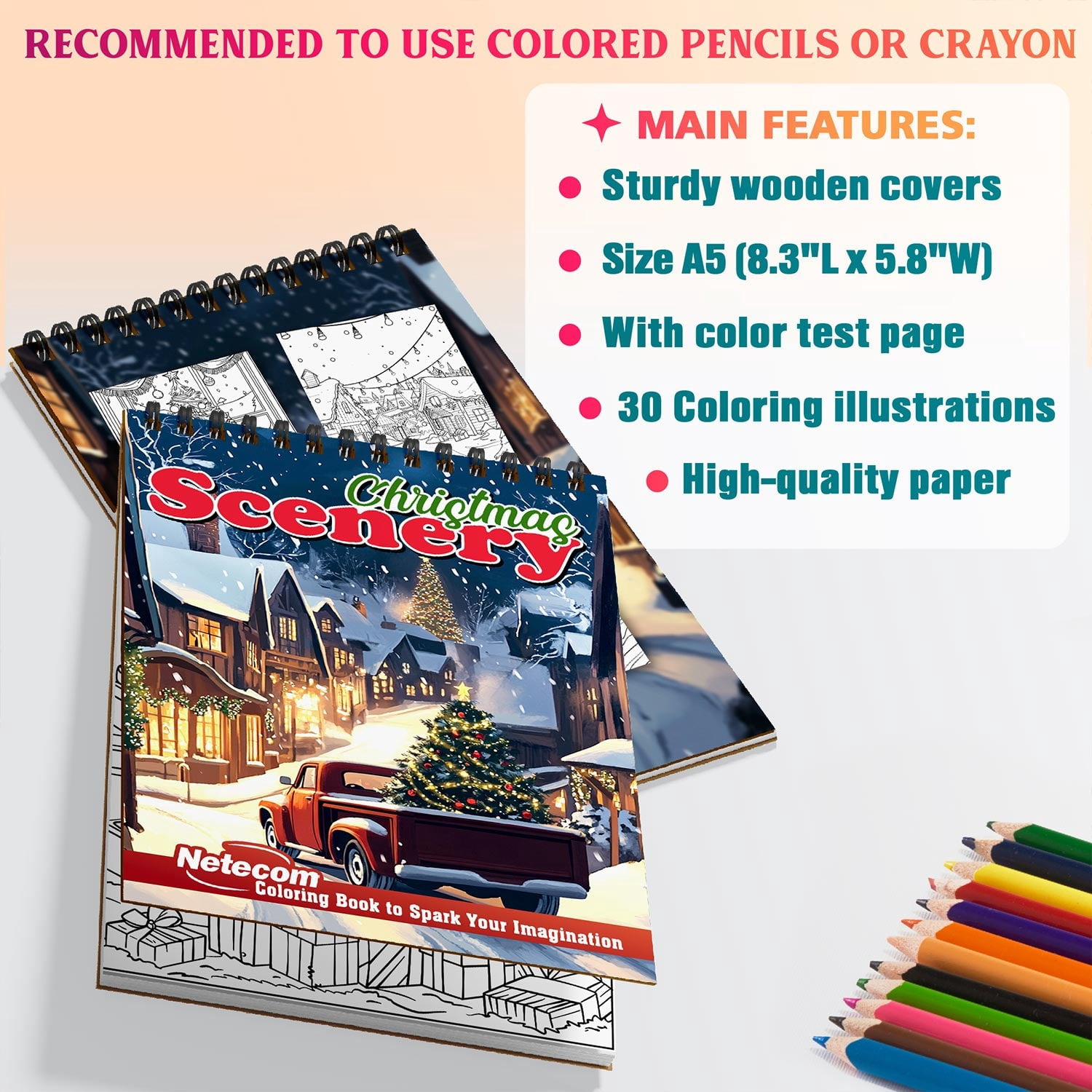Netecom Christmas Scenery Coloring Book Spiral Bound for Adults, A5 Wooden Cover, 30 Festive Xmas Coloring Pages of Winter Holidays for Stress Relief and Relaxation