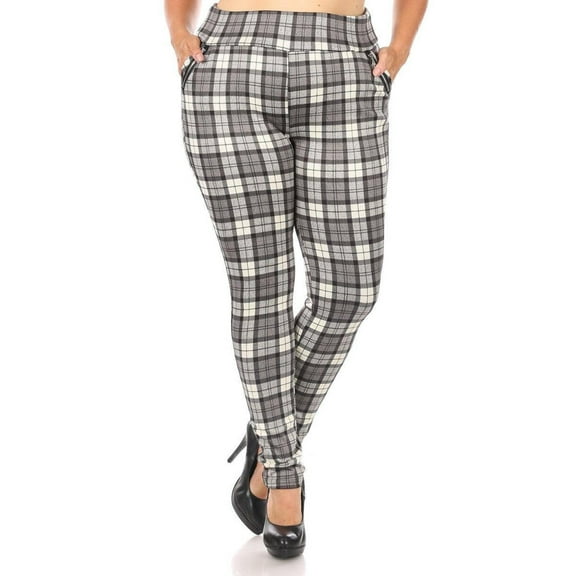 Plus Size Treggings With Zipper Pocket Trim - Gray White Plaid