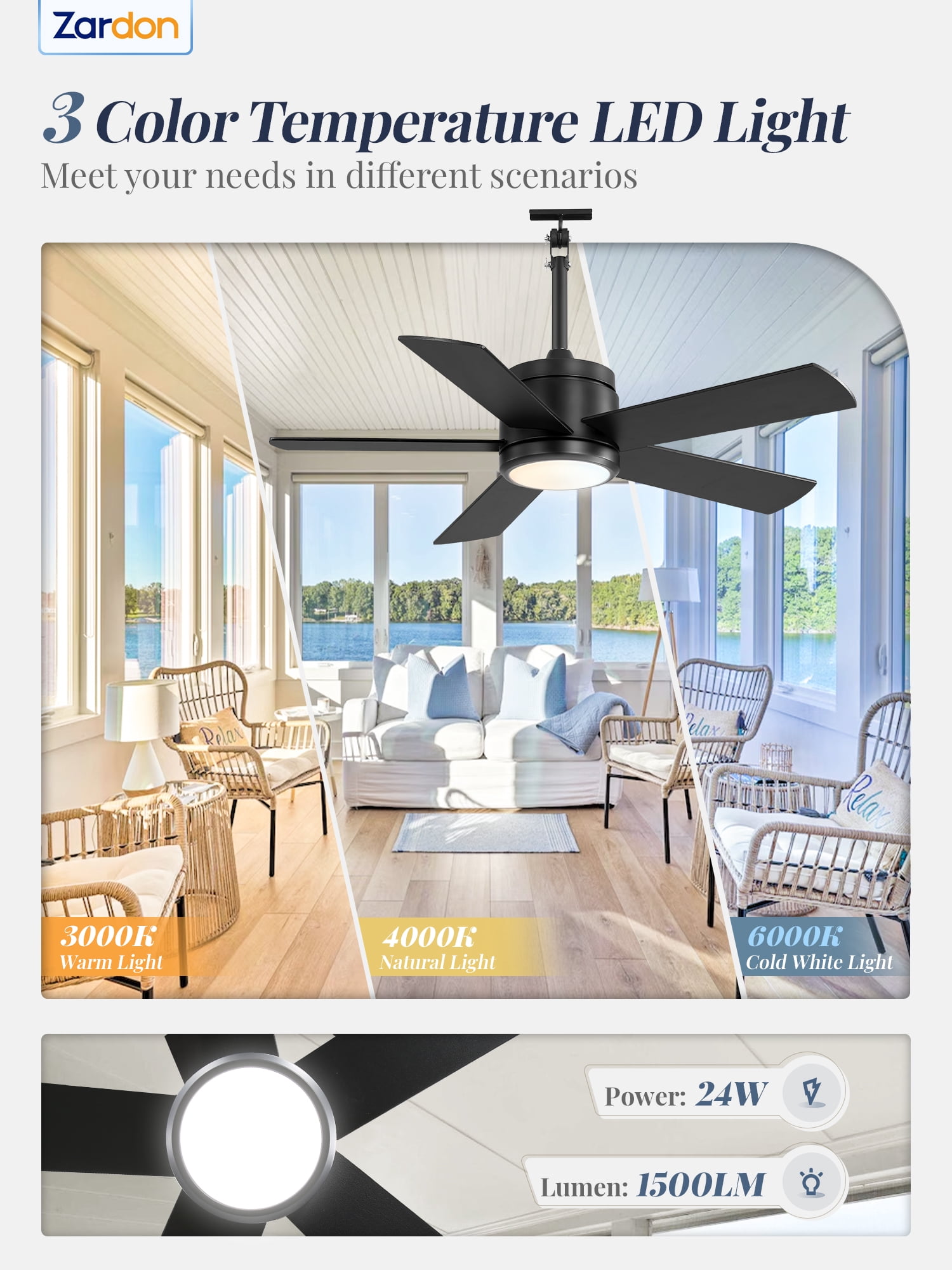 Zardon 42" Outdoor Ceiling Fan with Light & Remote, Waterproof Plug-in Ceiling fan with 6 Speeds, DC Motor, Downrod Mount for Patio, Gazebo, Pergola, Porch- Black