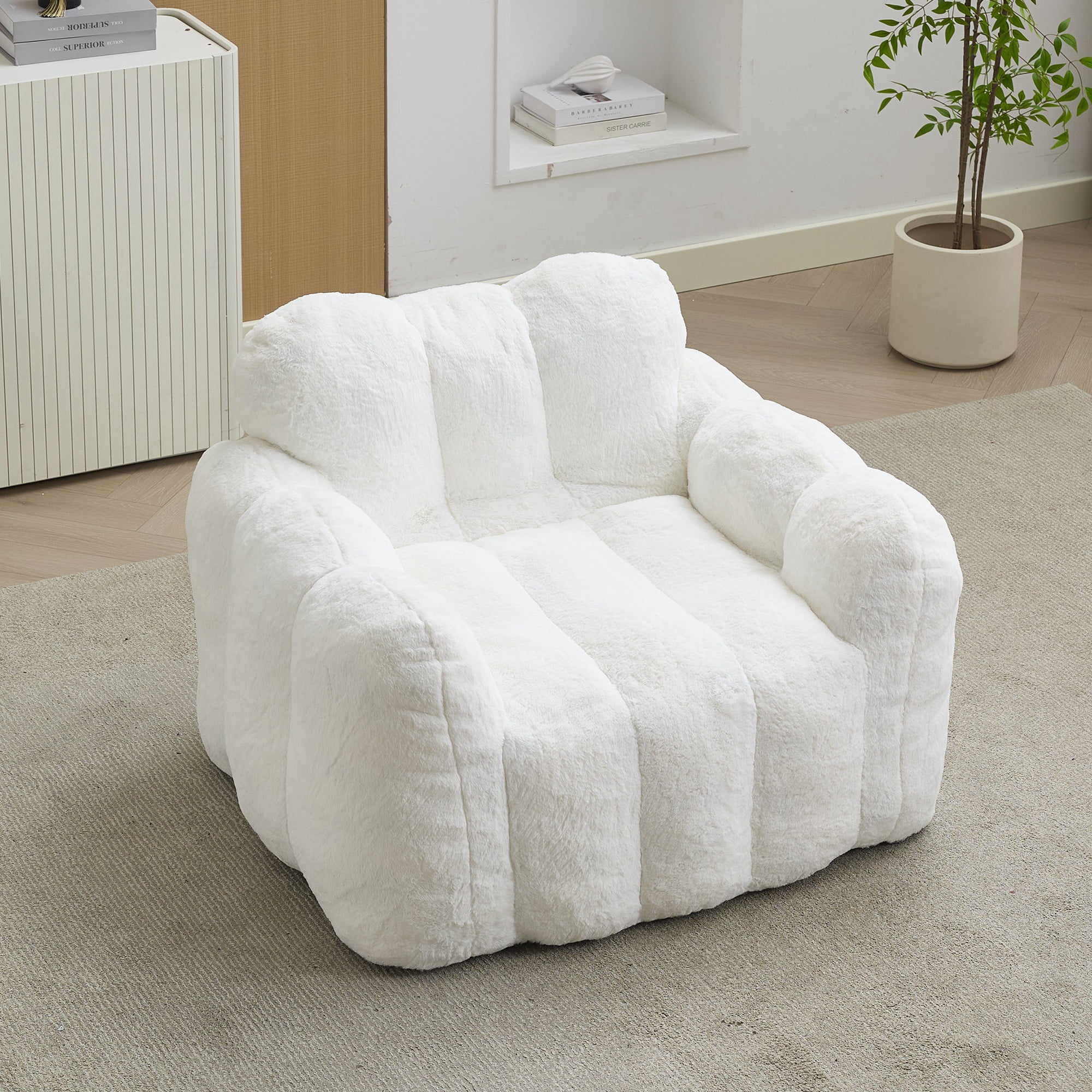 Peispie Giant Fluffy Bean Bag Chair for Adults, Oversized Memory Foam Floor Sofa Lounge Chair with Armrests, Comfy Stuffed Accent Reading Chair for Bedroom & Living Room, No Assembly, White